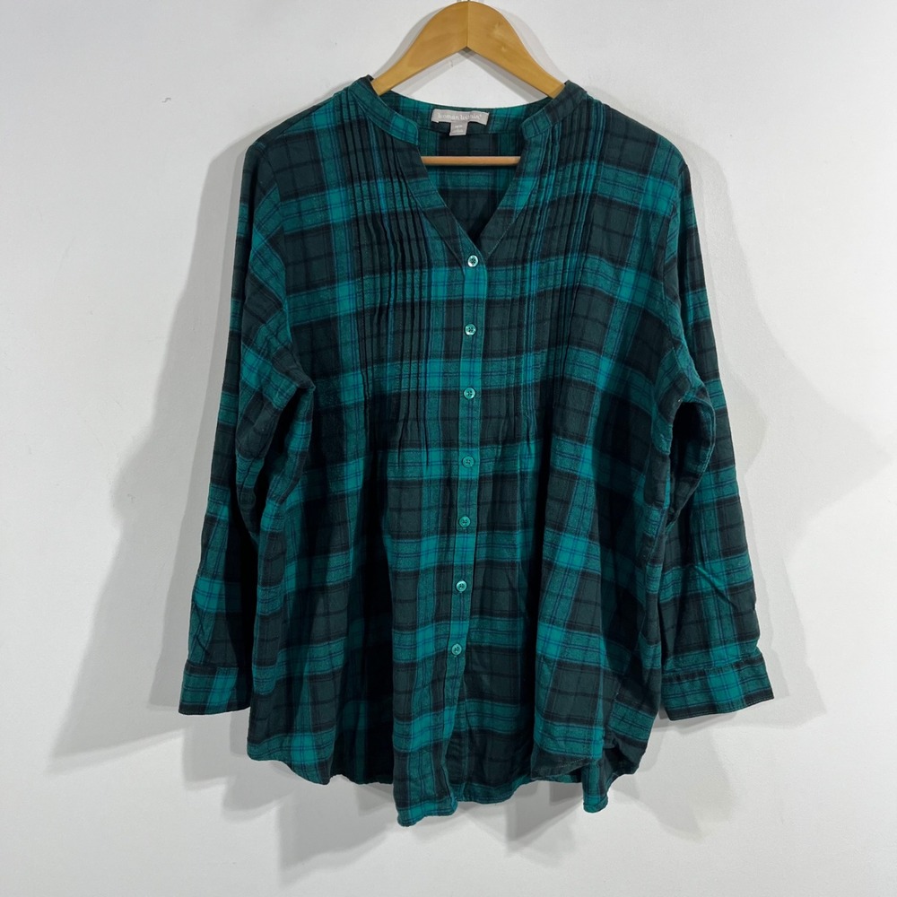 Woman Within Green Boho Plaid Cotton Flannel Pintuck Tunic Top 18/20 Large